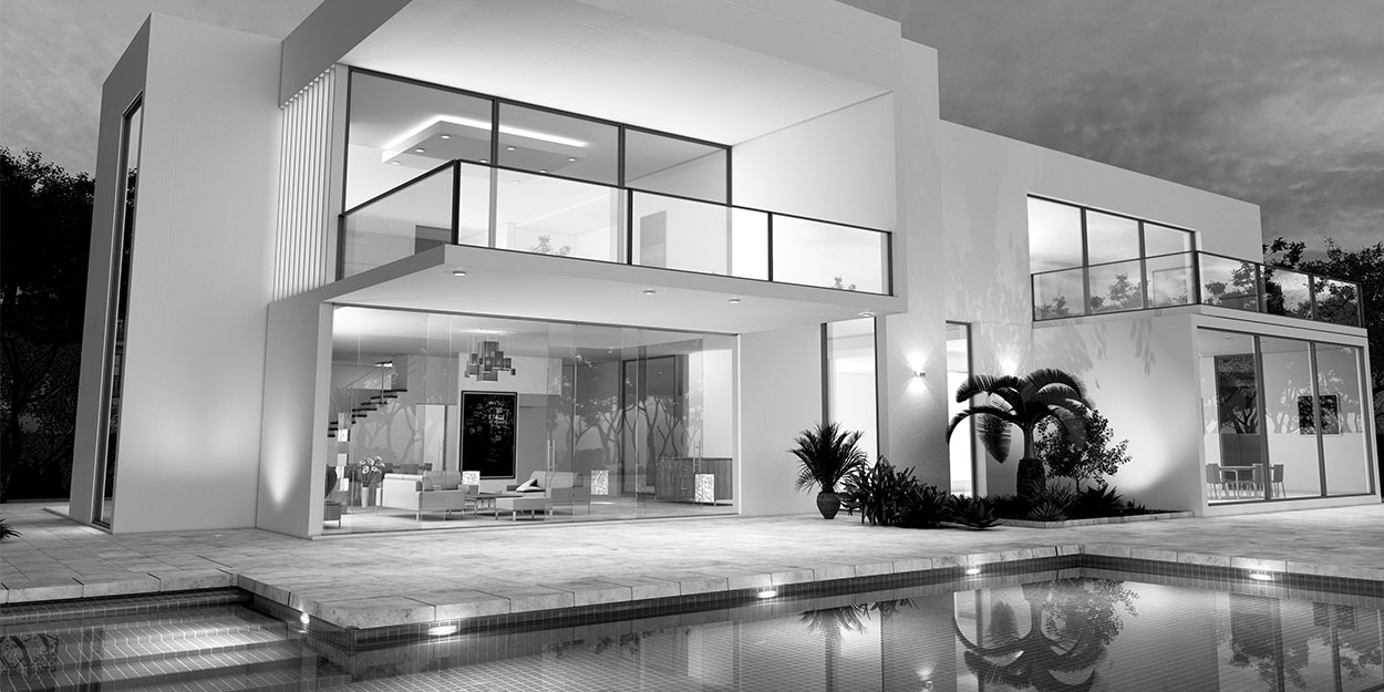 the backyard of a modern home with a pool