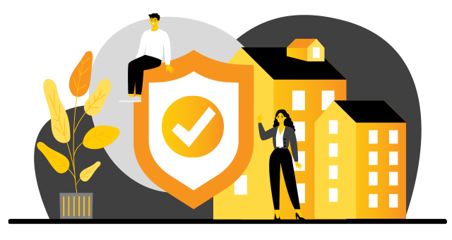 illustration of two apartment buildings, a male and female property agent and a shield with a tick